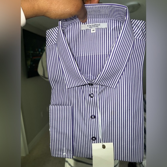 TM Lewin Purple & White Striped Fully Fitted Button Down Shirt - UK 18; US 16 - Picture 12 of 12
